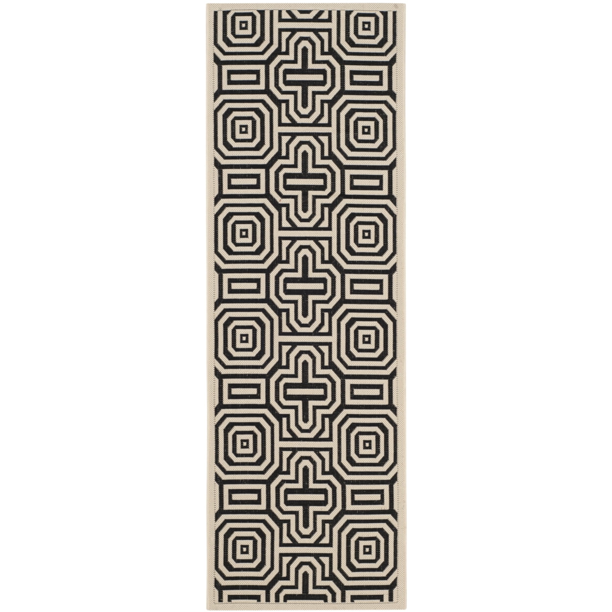 Beige and Black Geometric Flat Woven Outdoor Runner