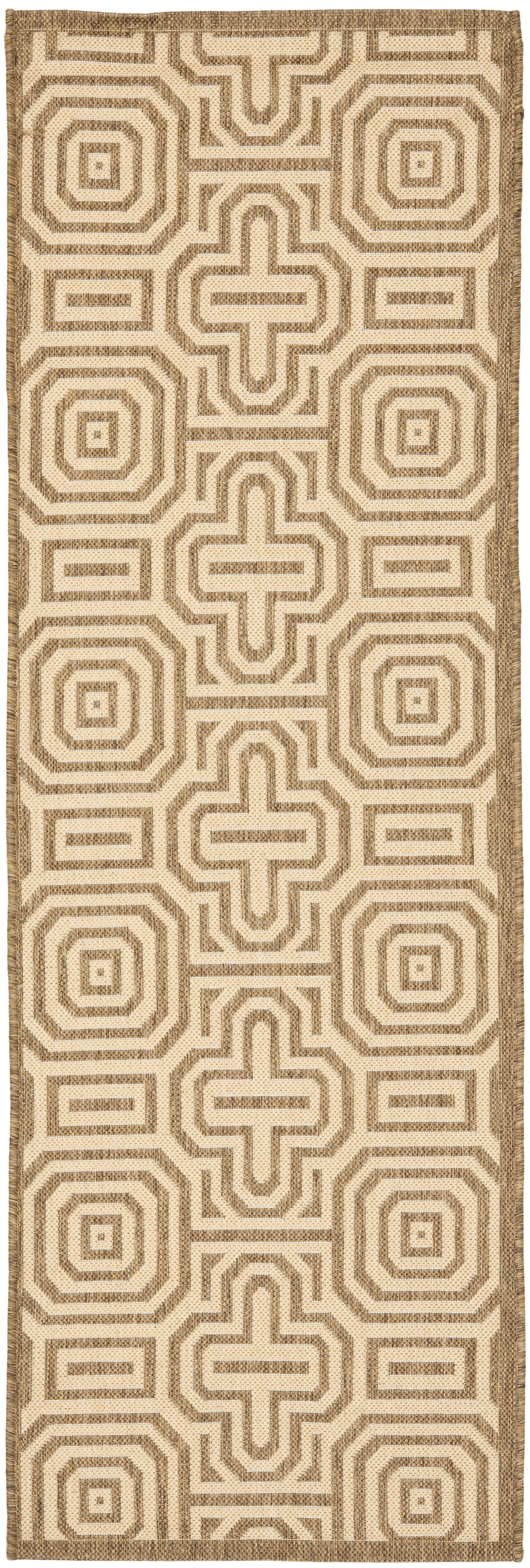 Brown and Natural Geometric Outdoor Runner Rug with Trim