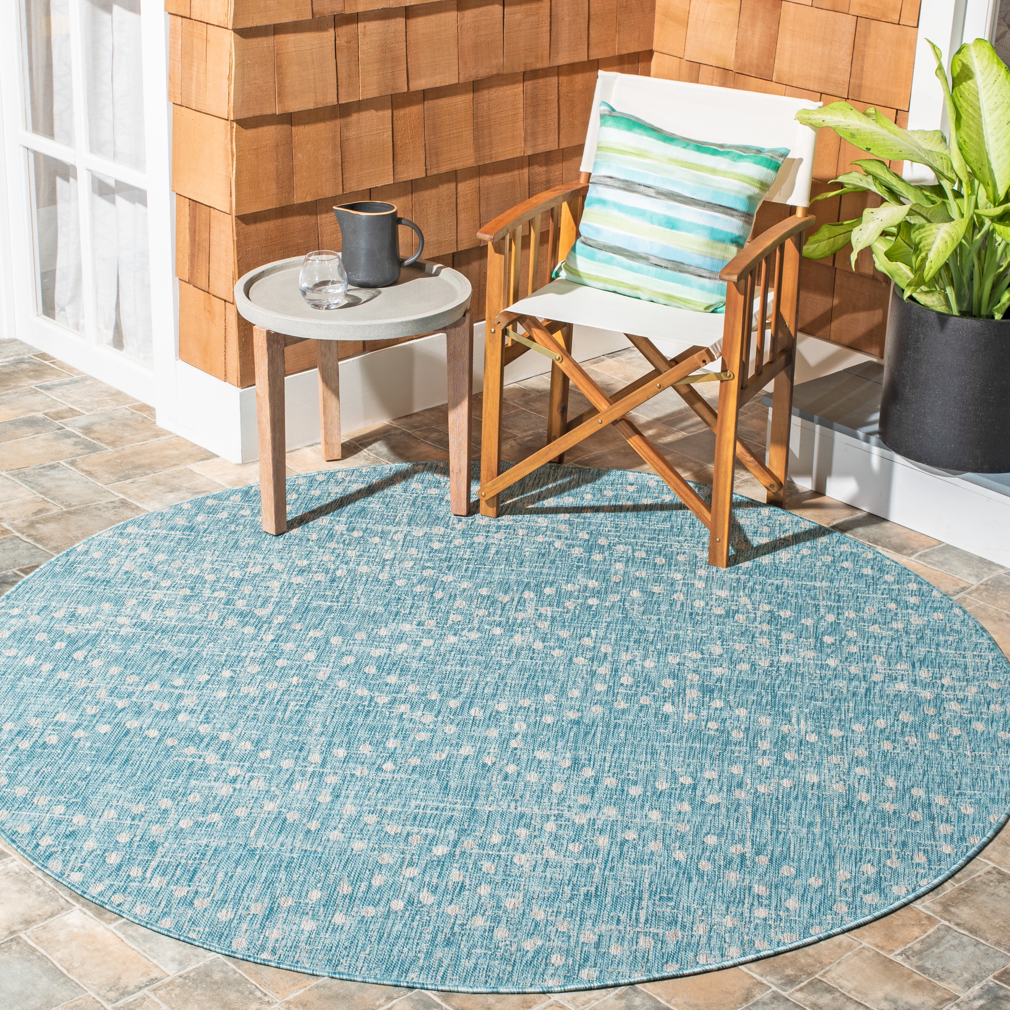 SAFAVIEH Courtyard Ilean Geometric Indoor/Outdoor Area Rug, Aqua/Grey, 6'7" x 6'7" Round