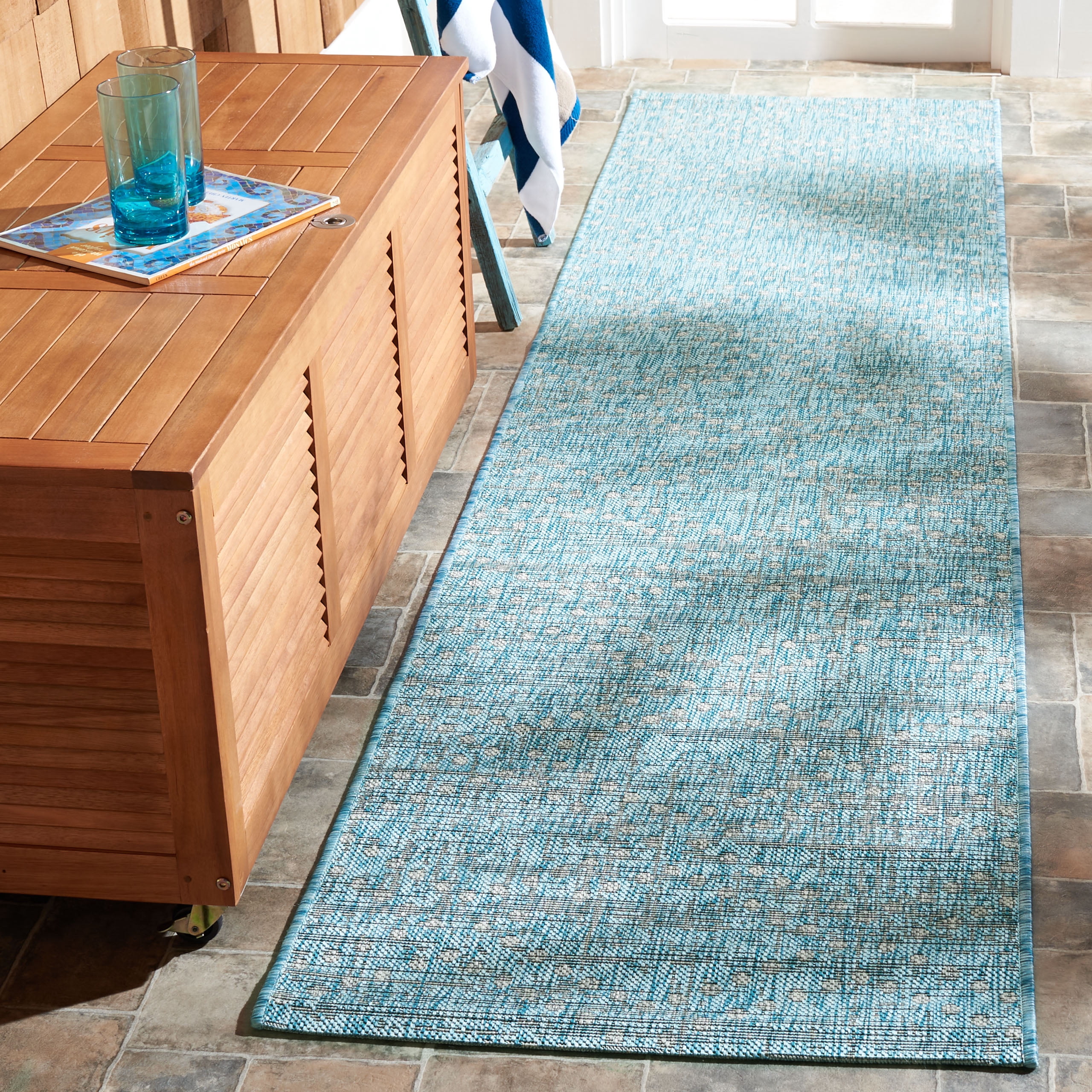 SAFAVIEH Courtyard Ilean Geometric Indoor/Outdoor Runner Rug, Aqua/Grey, 2'2" x 9'