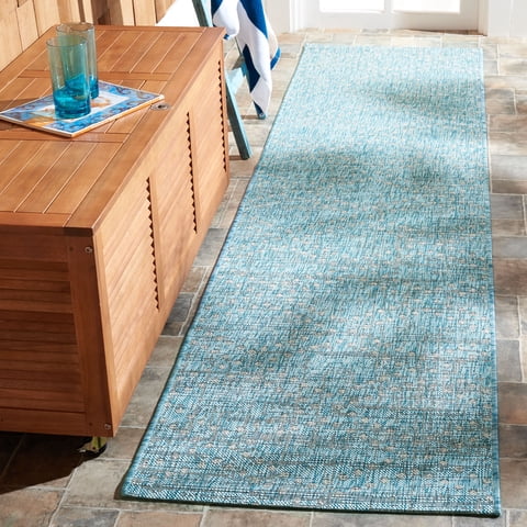 SAFAVIEH Courtyard Ilean Geometric Indoor/Outdoor Runner Rug, Aqua/Grey, 2'2" x 9'