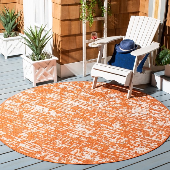 SAFAVIEH Courtyard Isolde Abstract Indoor/Outdoor Area Rug, Orange/Ivory, 6'7" x 6'7" Round