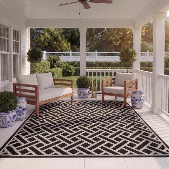 Safavieh Courtyard Janey Bordered Indoor/Outdoor Area Rug, Black/Light Beige, 9' x 12'