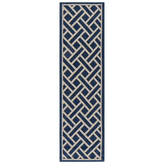 SAFAVIEH Courtyard Janey Bordered Indoor/Outdoor Runner Rug, Navy/Light Beige, 2'3" x 8'