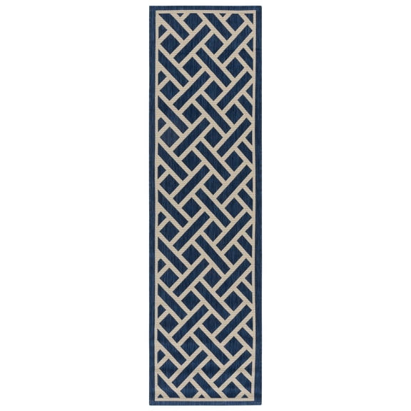 SAFAVIEH Courtyard Janey Bordered Indoor/Outdoor Runner Rug, Navy/Light Beige, 2'3" x 8'
