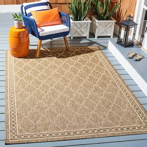 SAFAVIEH Courtyard Jasper Geometric Bordered Indoor/Outdoor Area Rug, 5'3" x 7'7", Dark Beige/Beige