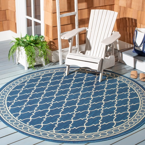 SAFAVIEH Courtyard Jasper Geometric Bordered Indoor/Outdoor Area Rug, 6'7" x 6'7" Round, Navy/Beige