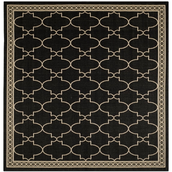 SAFAVIEH Courtyard Jasper Geometric Bordered Indoor/Outdoor Area Rug, 7'10" x 7'10" Square, Black/Beige