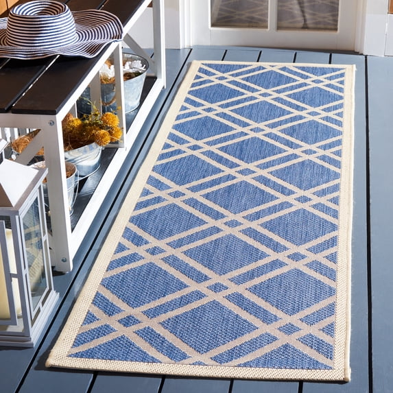 Safavieh Courtyard Jasper Geometric Indoor/Outdoor Runner Rug, Blue/Beige, 2'3" x 6'7"