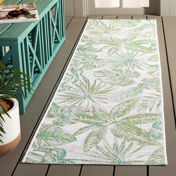 SAFAVIEH Courtyard Jaylen Botanical Indoor/Outdoor Runner Rug, Ivory/Green, 2'3" x 8'