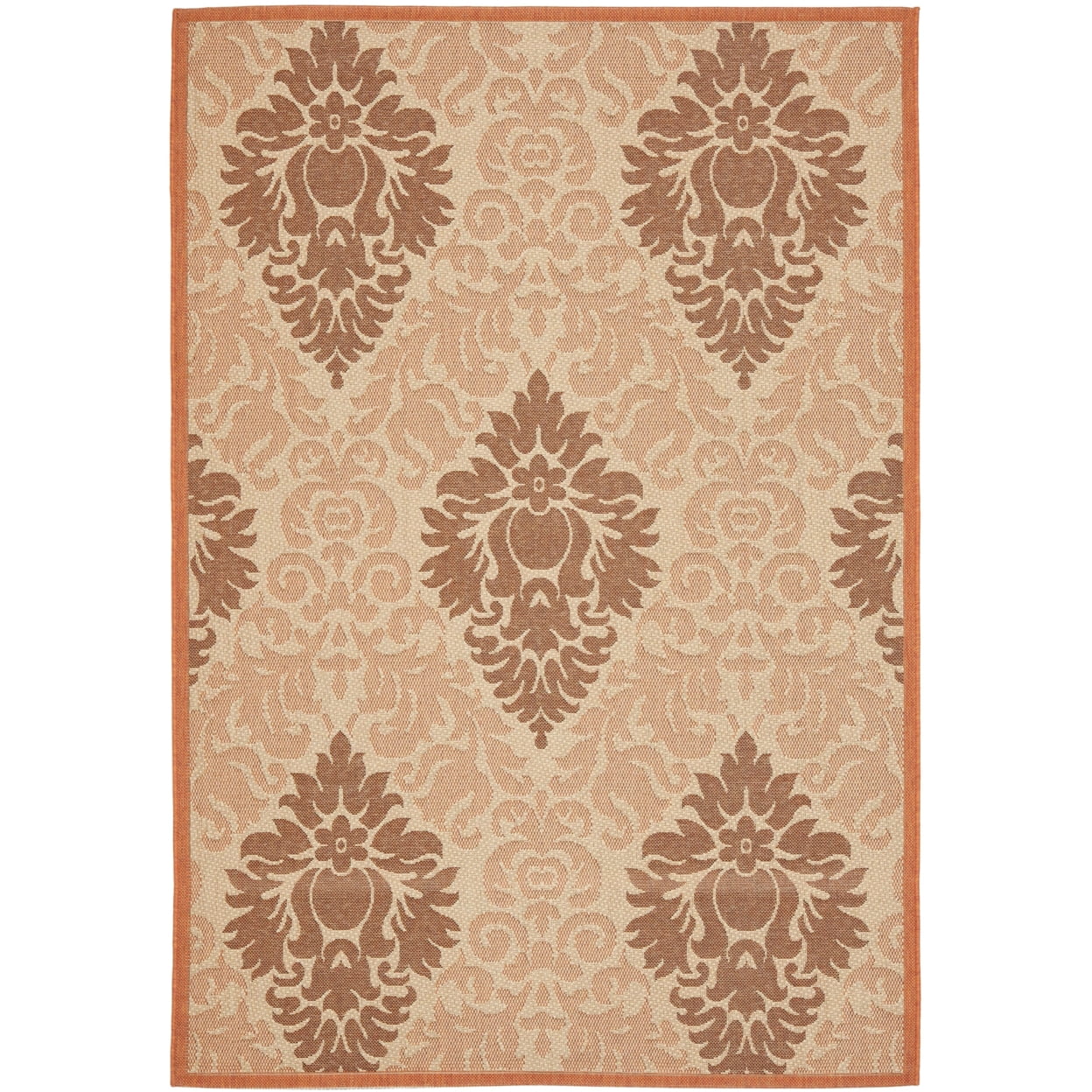 Beige and Terracotta Damask Outdoor Area Rug 6'7" x 9'6"