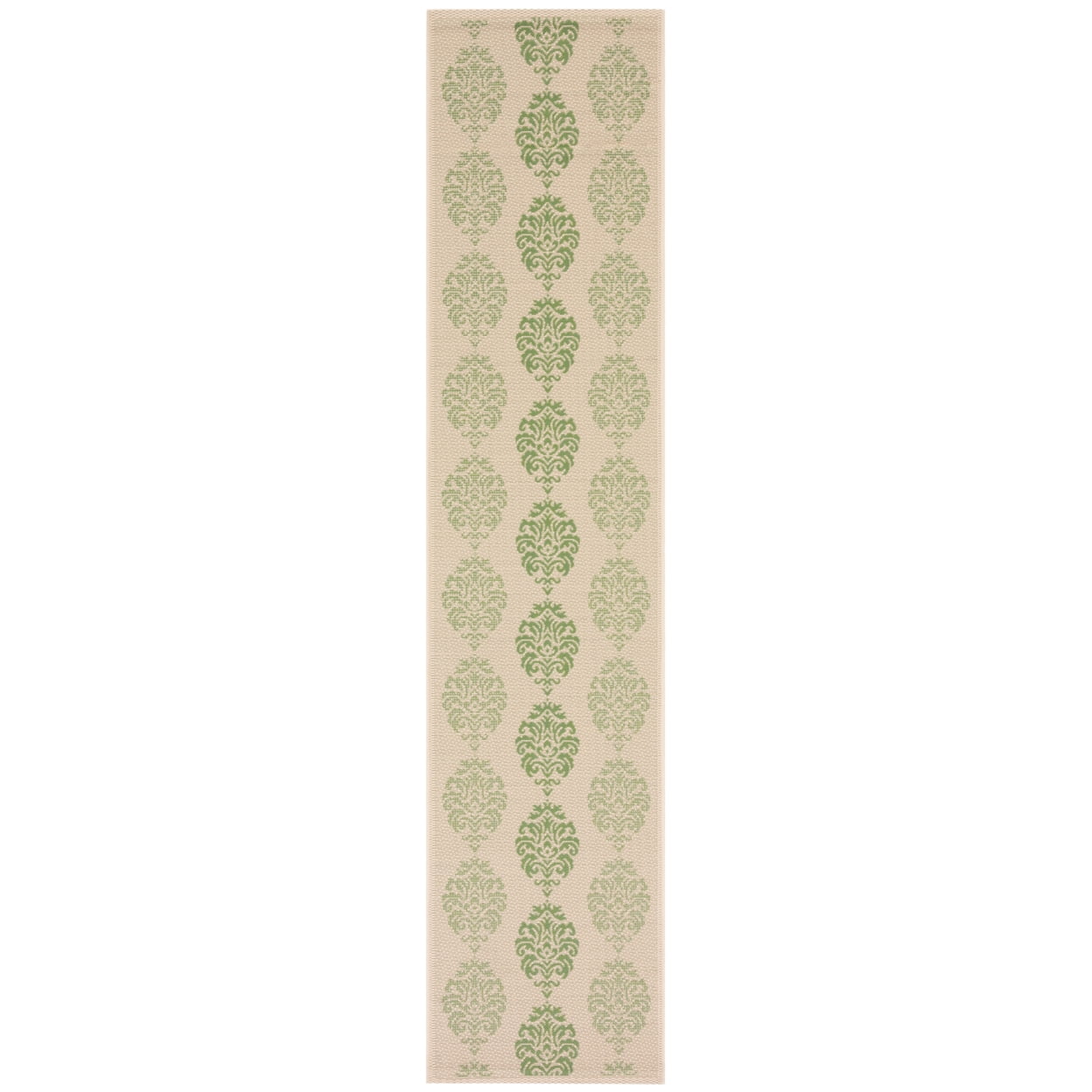 Natural Olive Damask Low Pile Outdoor Runner Rug