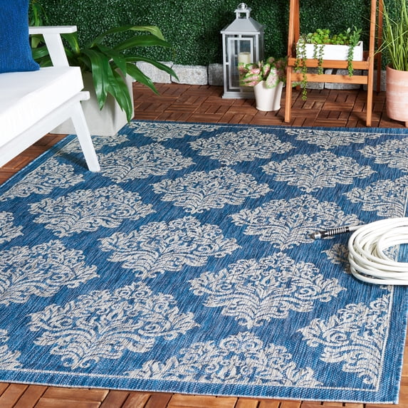 SAFAVIEH Courtyard Joetta Geometric Indoor/Outdoor Area Rug, Navy/Grey, 6'7" x 9'6"