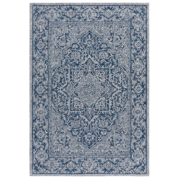 SAFAVIEH Courtyard Joey Medallion Indoor/Outdoor Area Rug, Light Grey/Navy, 4' x 5'7"