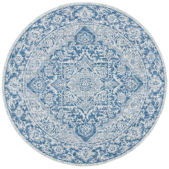 SAFAVIEH Courtyard Joey Medallion Indoor/Outdoor Area Rug, Light Grey/Navy, 6'7" x 6'7" Round