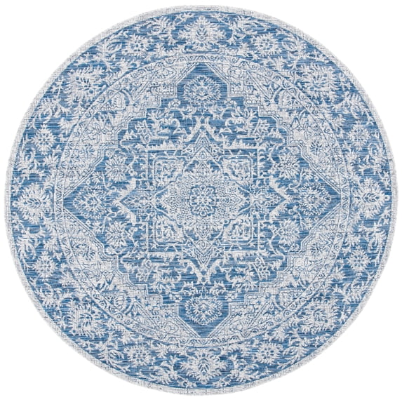 SAFAVIEH Courtyard Joey Medallion Indoor/Outdoor Area Rug, Light Grey/Navy, 6'7" x 6'7" Round