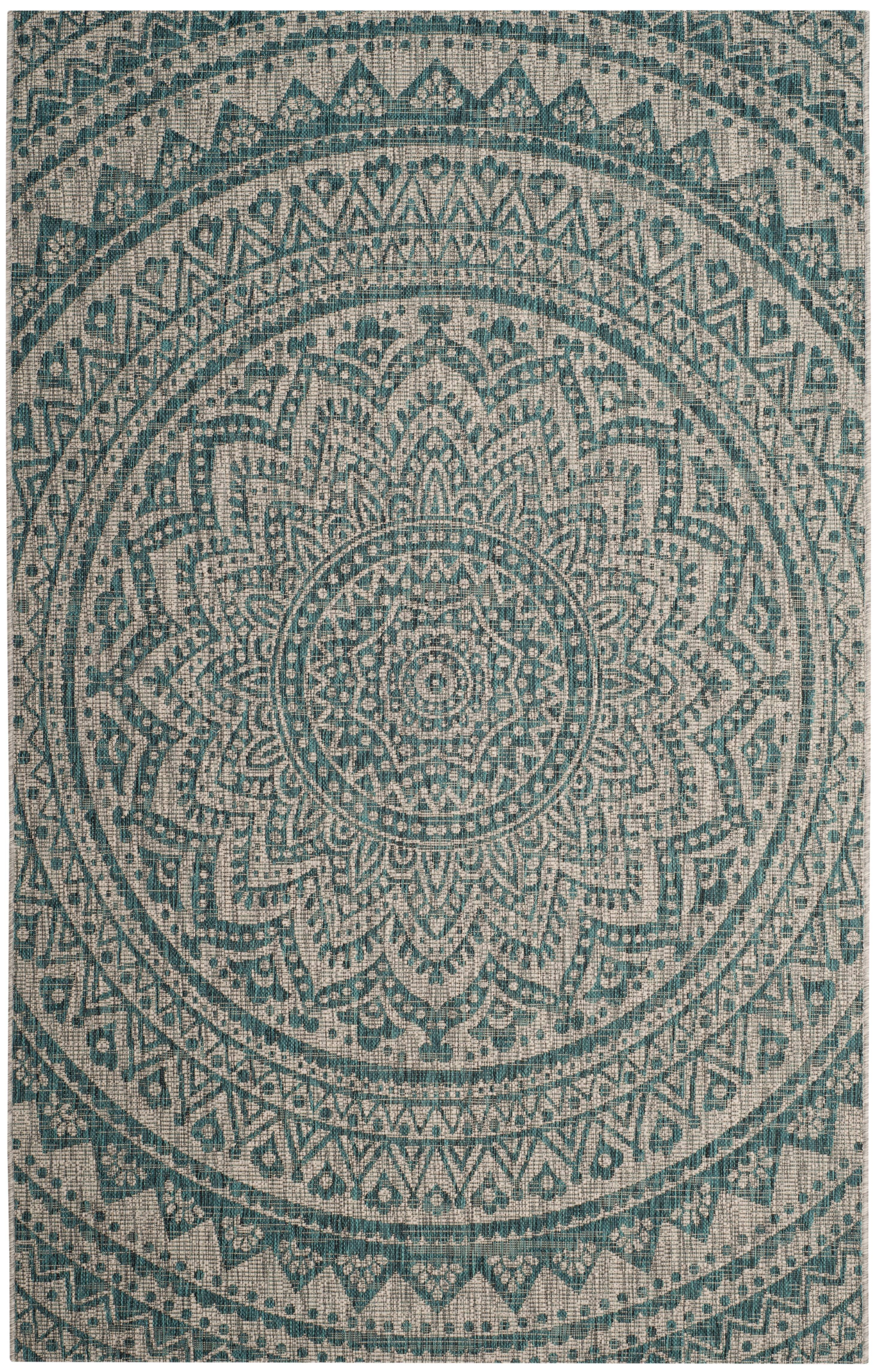 Light Grey/Teal Easy-Care Rectangular Synthetic Area Rug 5' x 7'