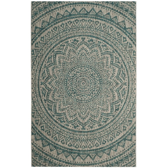 SAFAVIEH Courtyard Josiah Floral Medallion Indoor/Outdoor Area Rug, 2'7" x 5', Light Grey/Teal