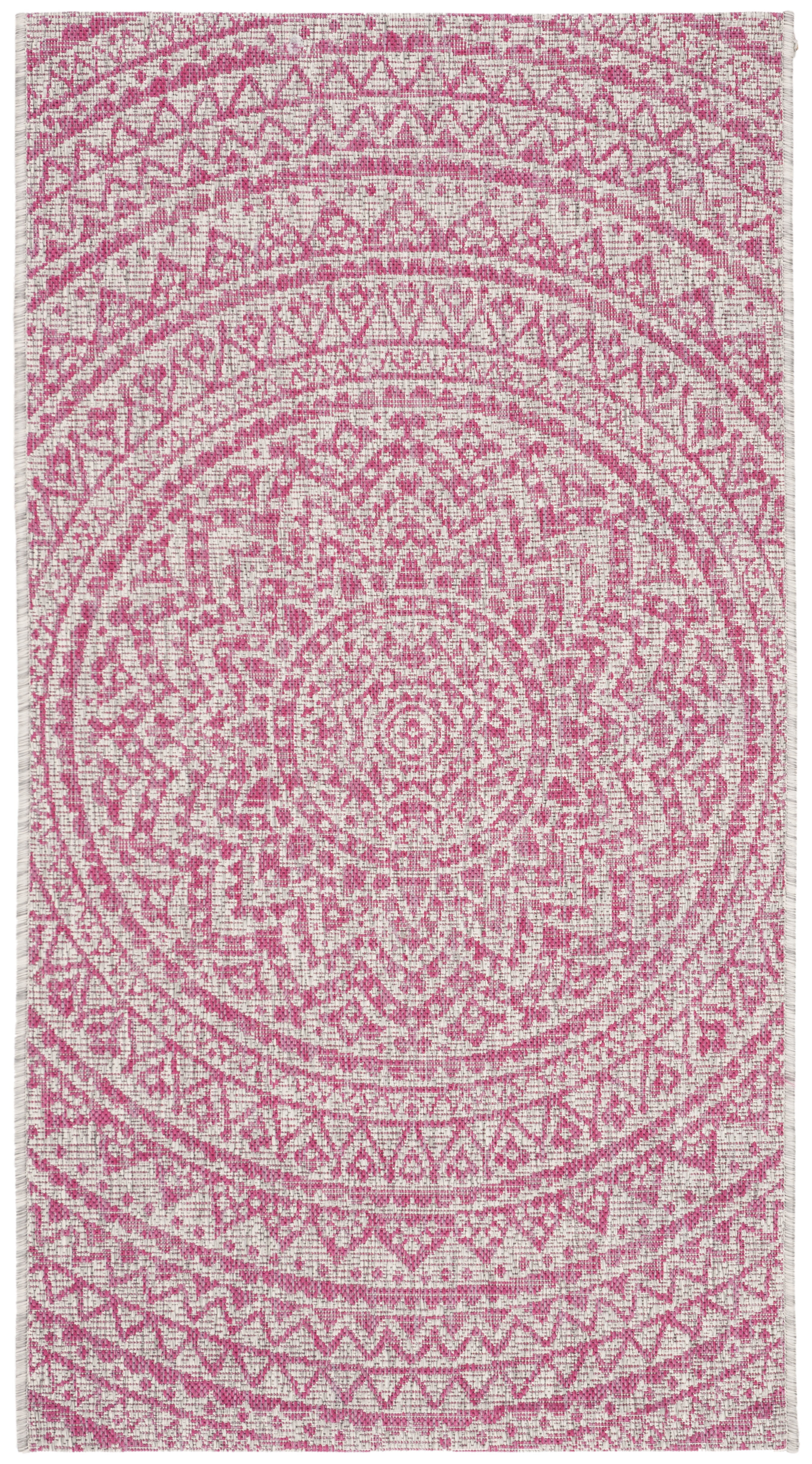 Light Grey and Fuchsia Round Synthetic Medallion Rug