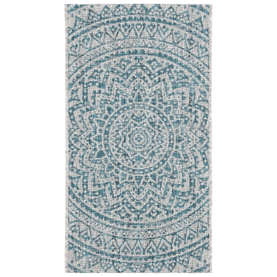 SAFAVIEH Courtyard Josiah Floral Medallion Indoor/Outdoor Area Rug, 2' x 3'7", Light Grey/Teal