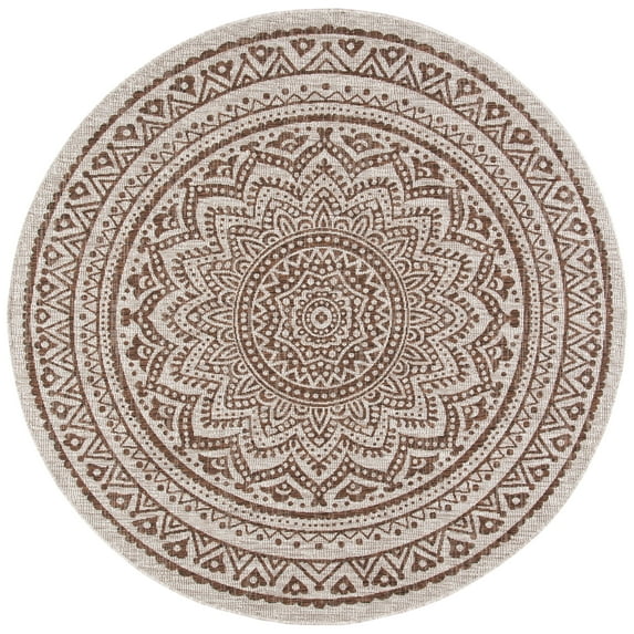 SAFAVIEH Courtyard Josiah Floral Medallion Indoor/Outdoor Area Rug, 4' x 4' Round, Light Beige/Light Brown
