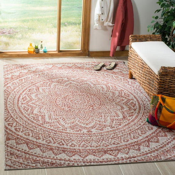 SAFAVIEH Courtyard Josiah Floral Medallion Indoor/Outdoor Area Rug, 4' x 4' Square, Light Beige/Terracotta