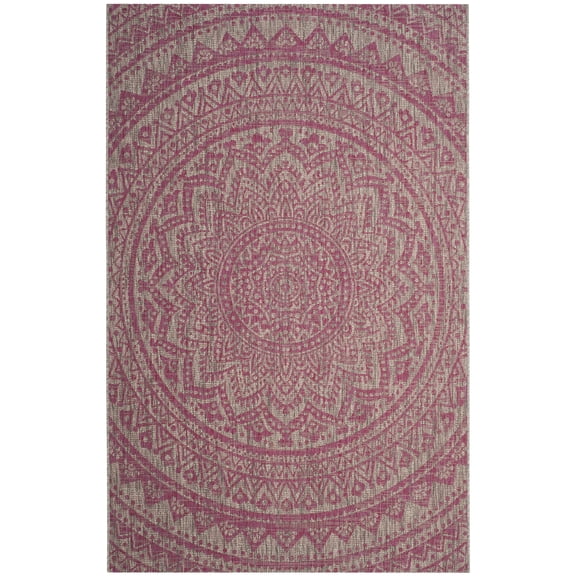 SAFAVIEH Courtyard Josiah Floral Medallion Indoor/Outdoor Area Rug, 4' x 5'7", Light Grey/Fuchsia