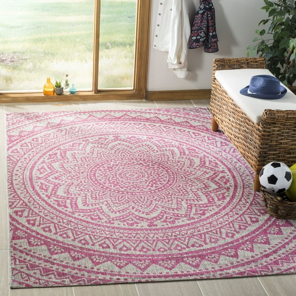 SAFAVIEH Courtyard Josiah Floral Medallion Indoor/Outdoor Area Rug, 4' x 5'7", Light Grey/Fuchsia
