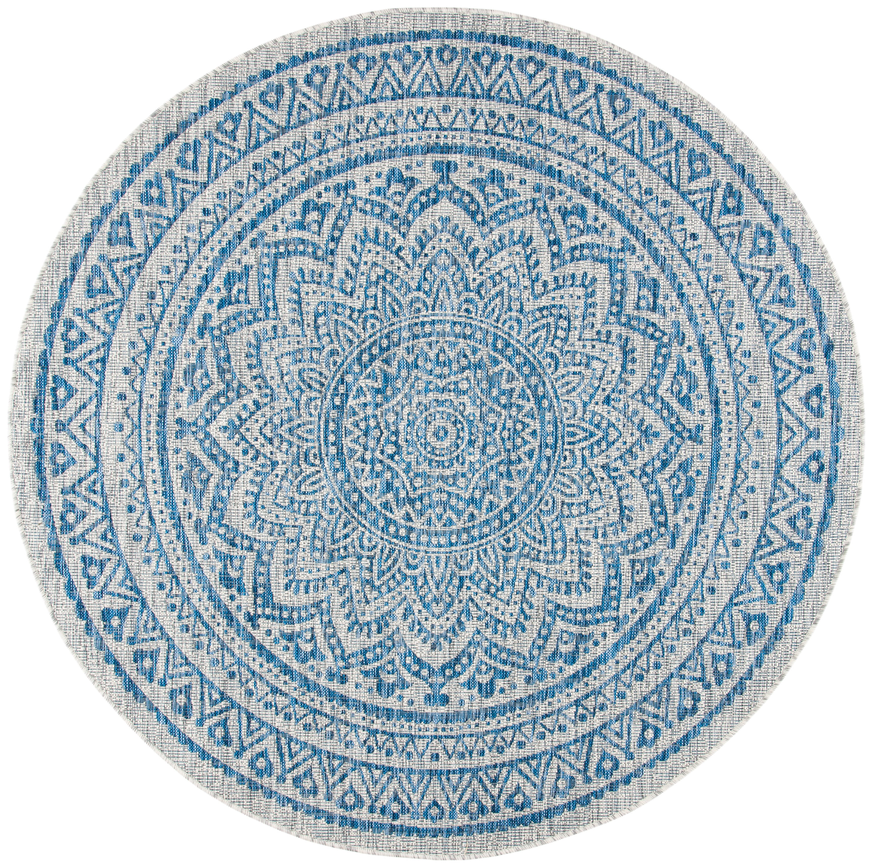 SAFAVIEH Courtyard Josiah Floral Medallion Indoor/Outdoor Area Rug, 5'3" x 5'3" Round, Light Grey/Blue