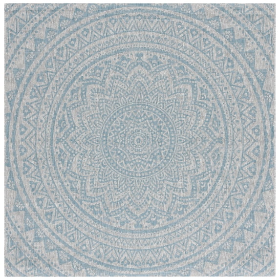 SAFAVIEH Courtyard Josiah Floral Medallion Indoor/Outdoor Area Rug, 5'3" x 5'3" Square, Light Grey/Aqua