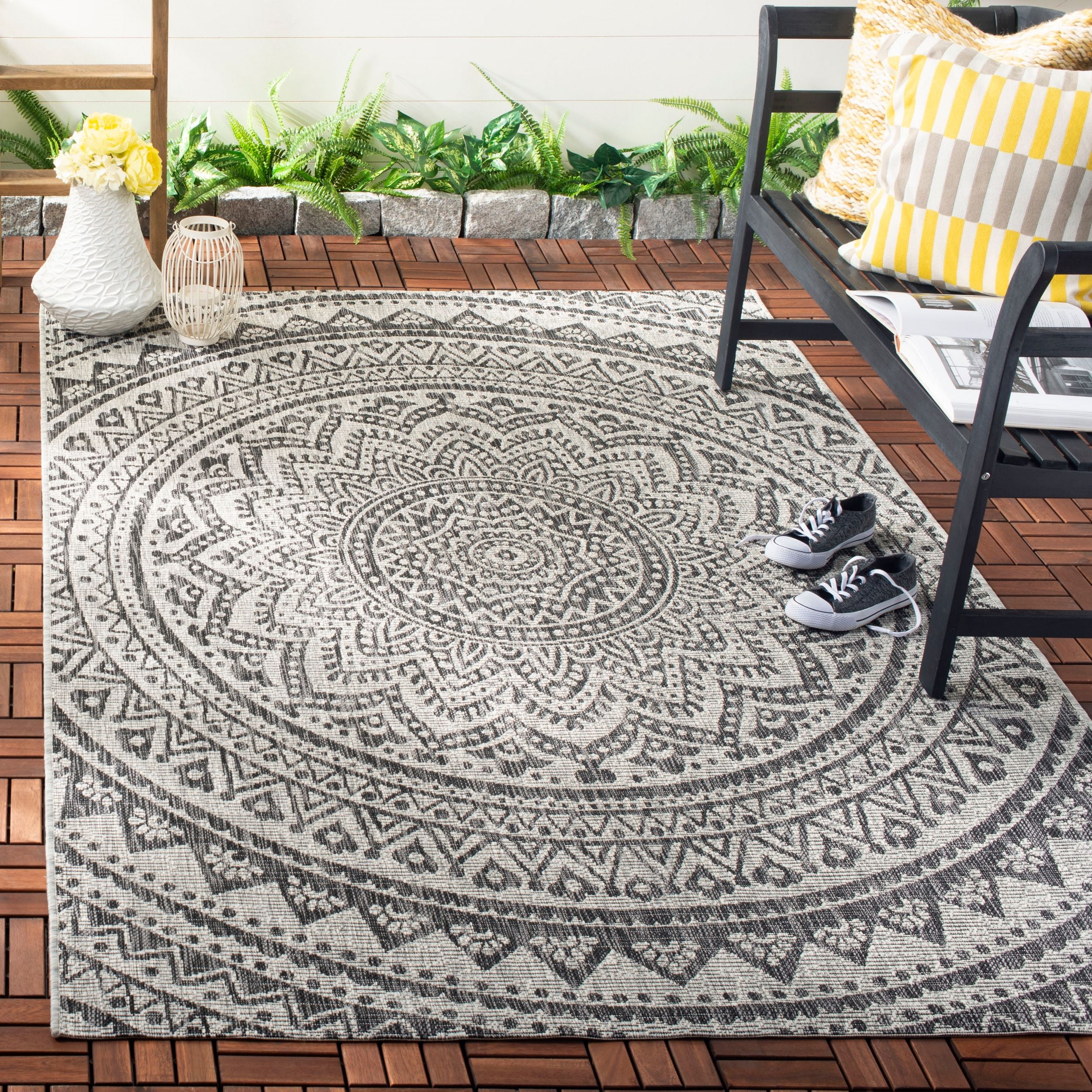 Light Grey and Black Synthetic Square Outdoor Rug