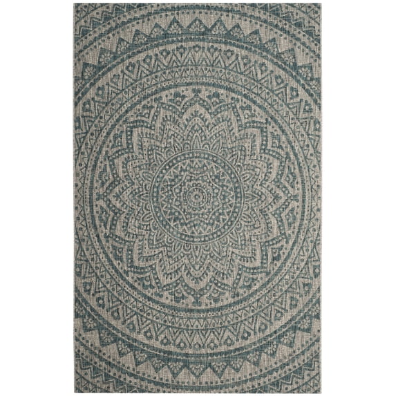 SAFAVIEH Courtyard Josiah Floral Medallion Indoor/Outdoor Area Rug, 5'3" x 7'7", Light Grey/Teal
