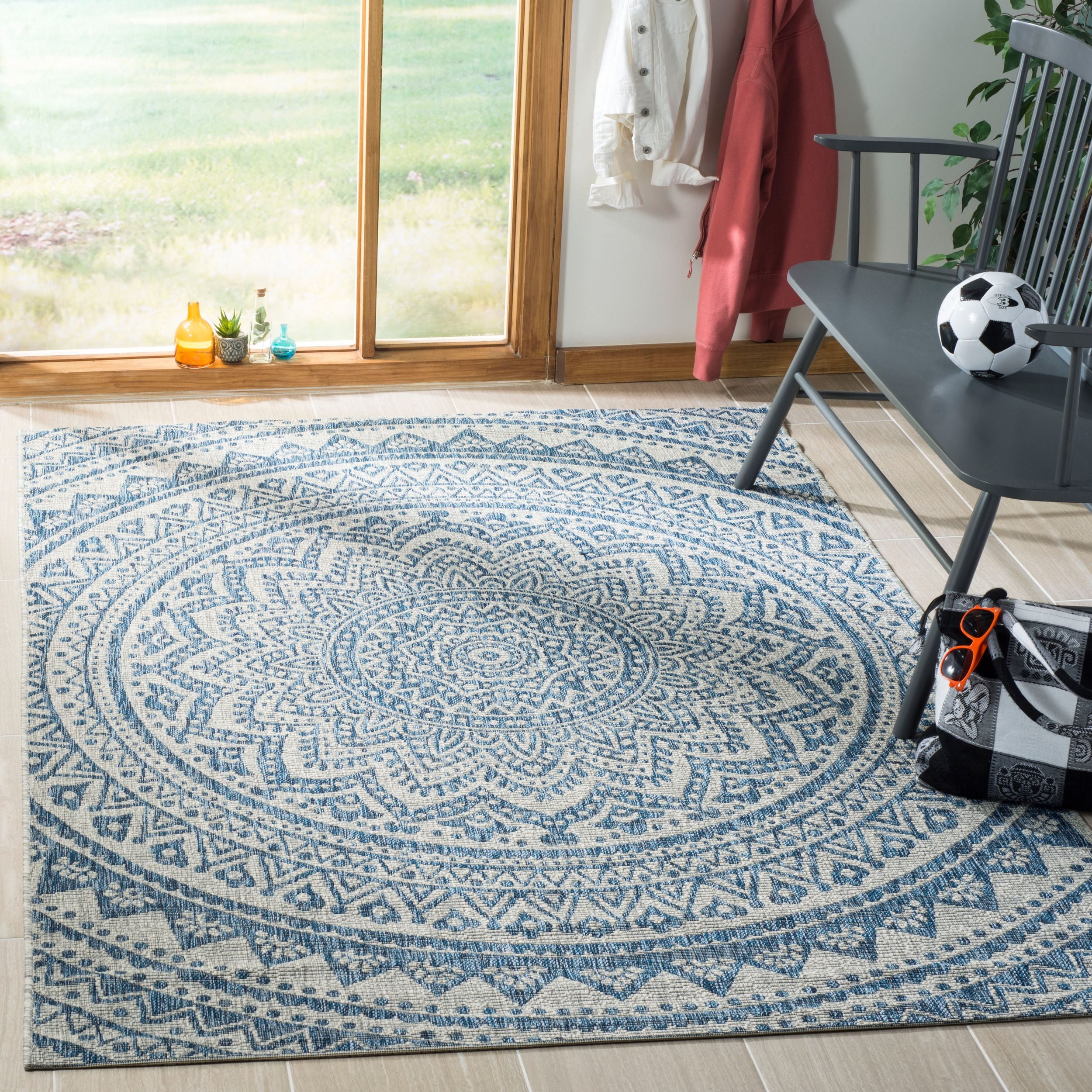 Light Grey and Blue Synthetic Square Indoor/Outdoor Area Rug