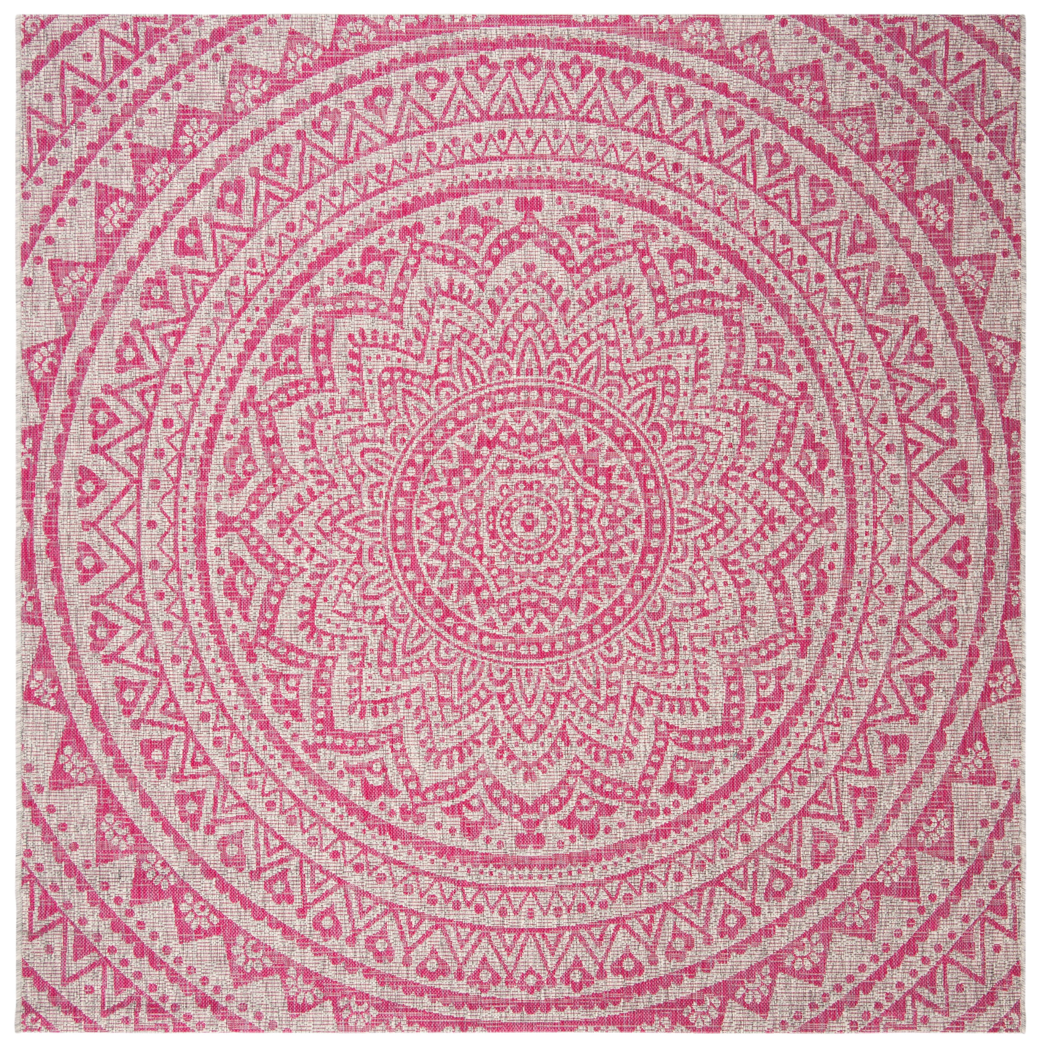 SAFAVIEH Courtyard Josiah Floral Medallion Indoor/Outdoor Area Rug, 6'7" x 6'7" Square, Light Grey/Fuchsia
