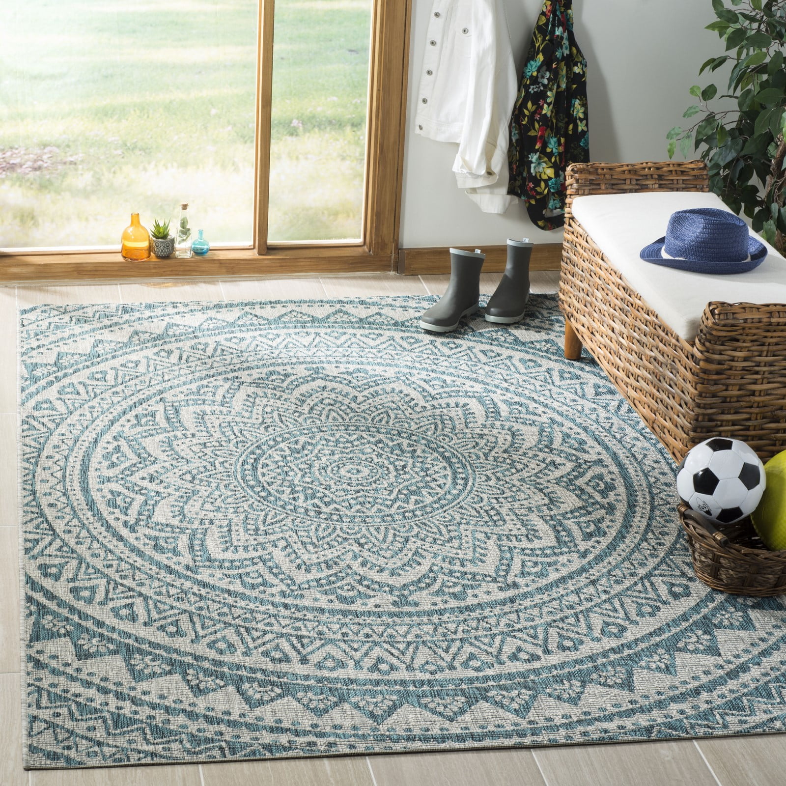 Light Grey and Teal Square Synthetic Indoor/Outdoor Rug