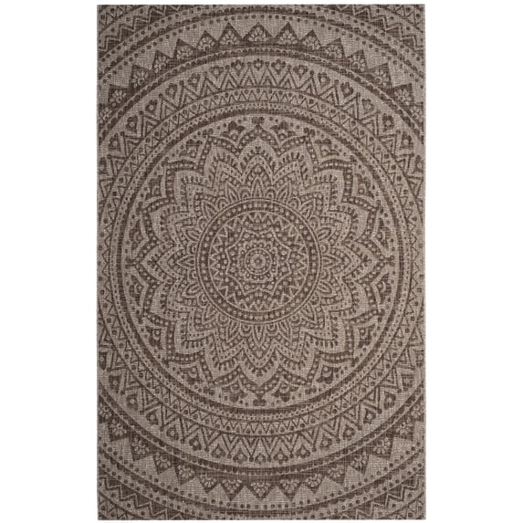 SAFAVIEH Courtyard Josiah Floral Medallion Indoor/Outdoor Area Rug, 6'7" x 9'6", Light Beige/Light Brown