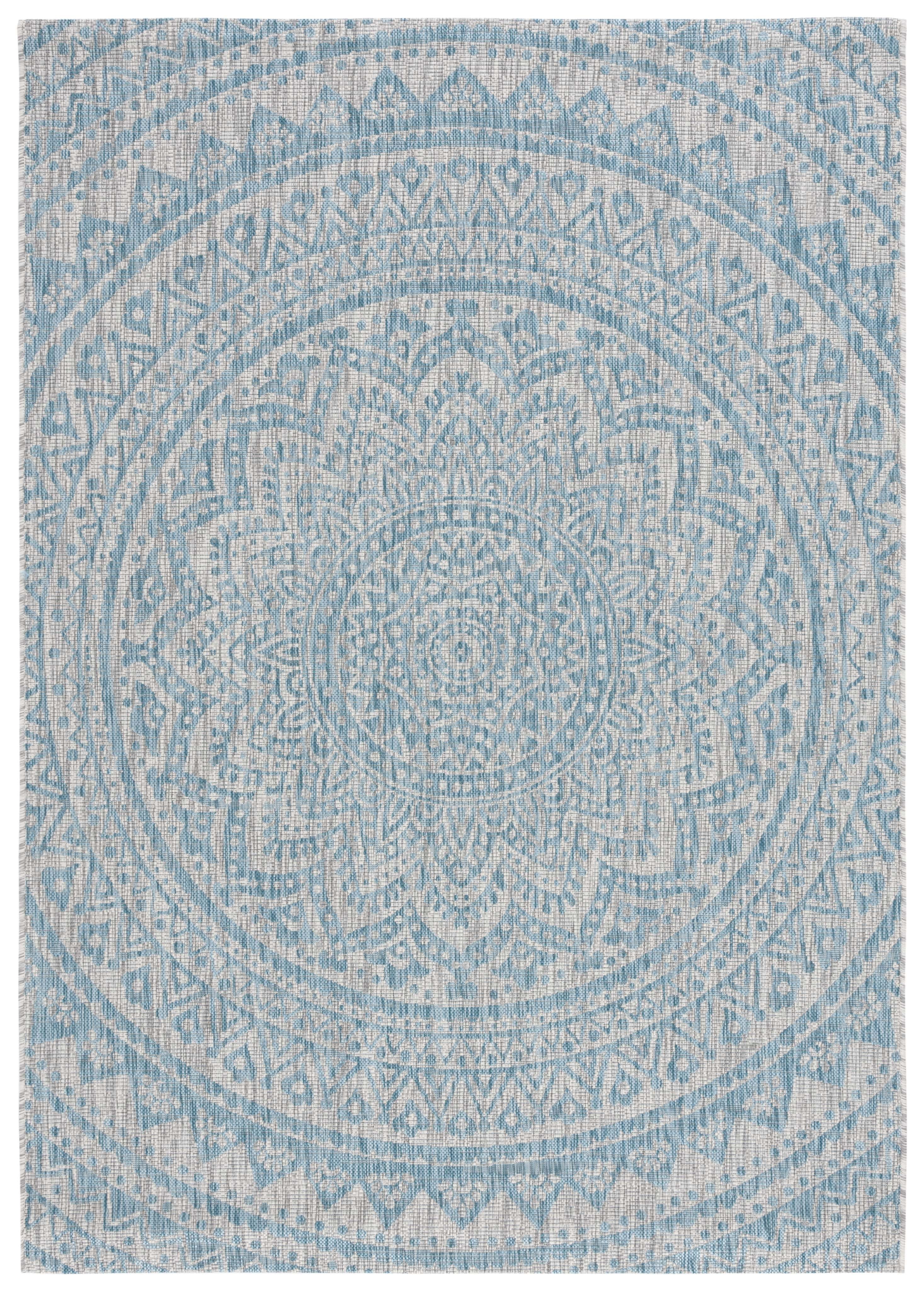 SAFAVIEH Courtyard Josiah Floral Medallion Indoor/Outdoor Area Rug, 6'7" x 9'6", Light Grey/Aqua
