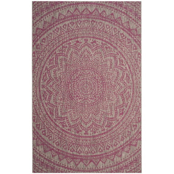 SAFAVIEH Courtyard Josiah Floral Medallion Indoor/Outdoor Area Rug, 6'7" x 9'6", Light Grey/Fuchsia