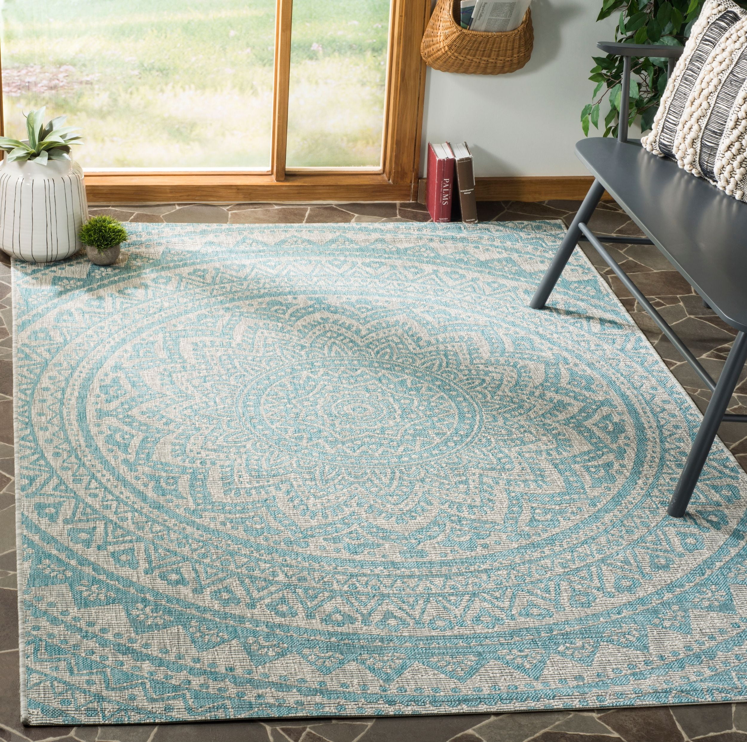 Light Gray/Aqua Flat Woven Reversible Synthetic Area Rug