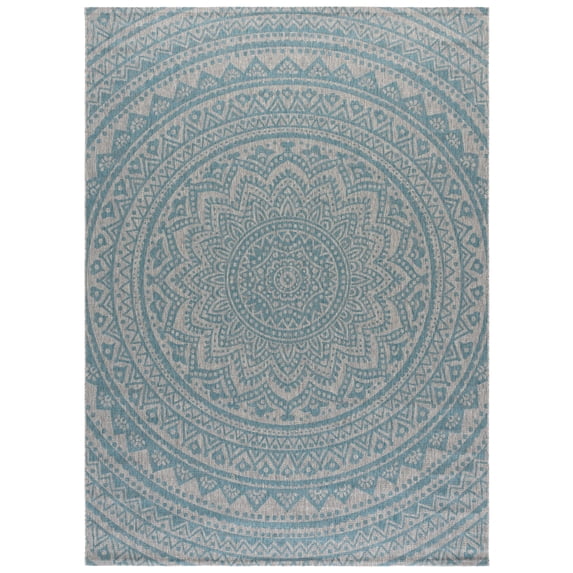 SAFAVIEH Courtyard Josiah Floral Medallion Indoor/Outdoor Area Rug, 9' x 12', Light Grey/Aqua