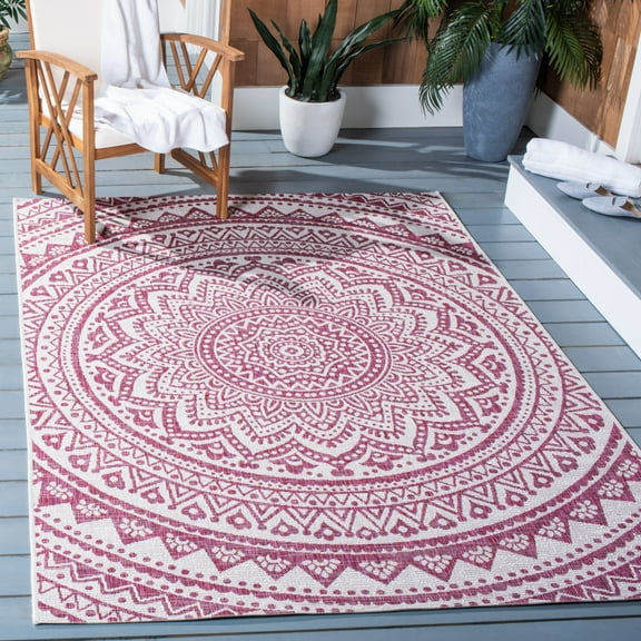 SAFAVIEH Courtyard Josiah Floral Medallion Indoor/Outdoor Area Rug, Ivory/Fuchsia, 8' x 10'