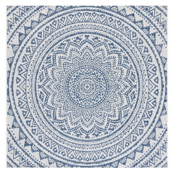 SAFAVIEH Courtyard Josiah Floral Medallion Indoor/Outdoor Area Rug, Ivory/Navy, 7'10" x 7'10" Square