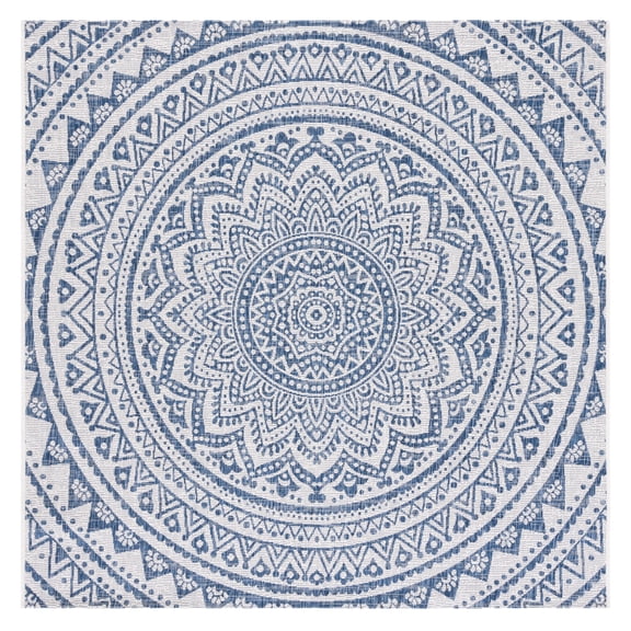 SAFAVIEH Courtyard Josiah Floral Medallion Indoor/Outdoor Area Rug, Ivory/Navy, 7'10" x 7'10" Square