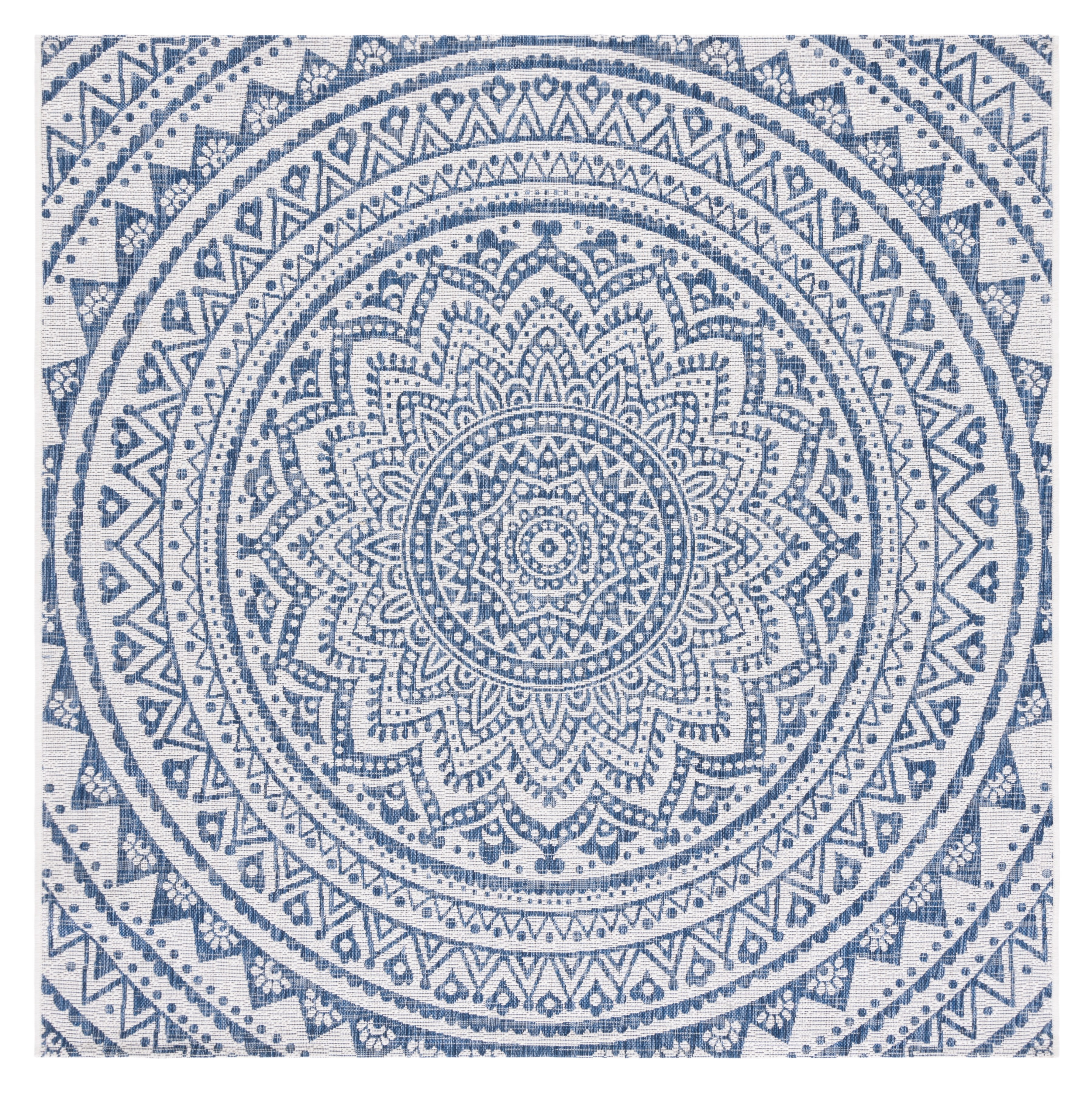 SAFAVIEH Courtyard Josiah Floral Medallion Indoor/Outdoor Area Rug, Ivory/Navy, 7'10" x 7'10" Square