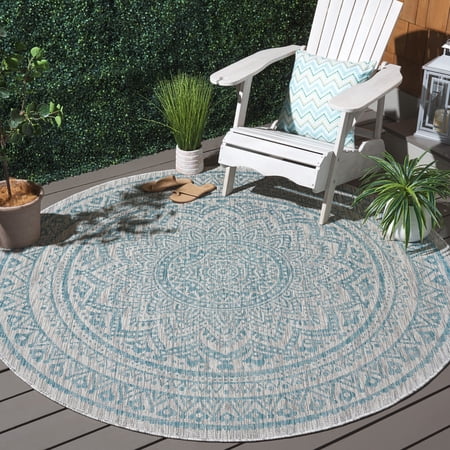 Safavieh Courtyard Josiah Floral Medallion Indoor/Outdoor Area Rug, Light Gray/Aqua, 9' x 9' Round
