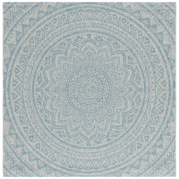 SAFAVIEH Courtyard Josiah Floral Medallion Indoor/Outdoor Area Rug, Light Grey/Aqua, 9' x 9' Square