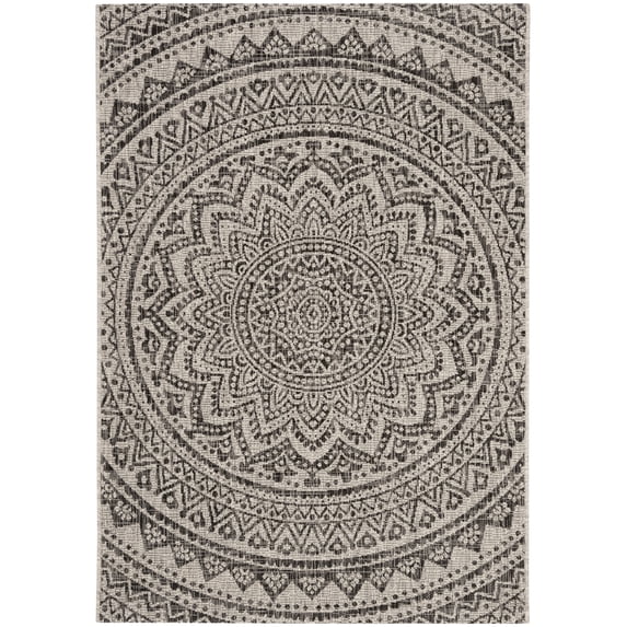 SAFAVIEH Courtyard Josiah Floral Medallion Indoor/Outdoor Area Rug, Light Grey/Black, 4' x 5'7"