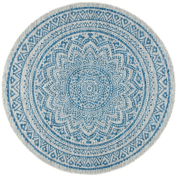 SAFAVIEH Courtyard Josiah Floral Medallion Indoor/Outdoor Area Rug, Light Grey/Blue, 3' x 3' Round