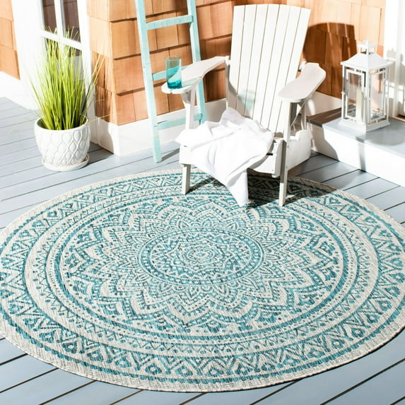 SAFAVIEH Courtyard Josiah Floral Medallion Indoor/Outdoor Area Rug, Light Grey/Teal, 4' x 4' Round