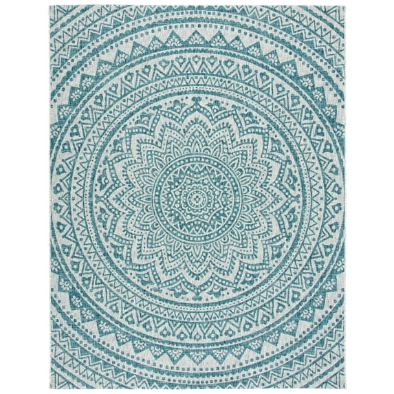 SAFAVIEH Courtyard Josiah Floral Medallion Indoor/Outdoor Area Rug, Light Grey/Teal, 6'7" x 9'6"